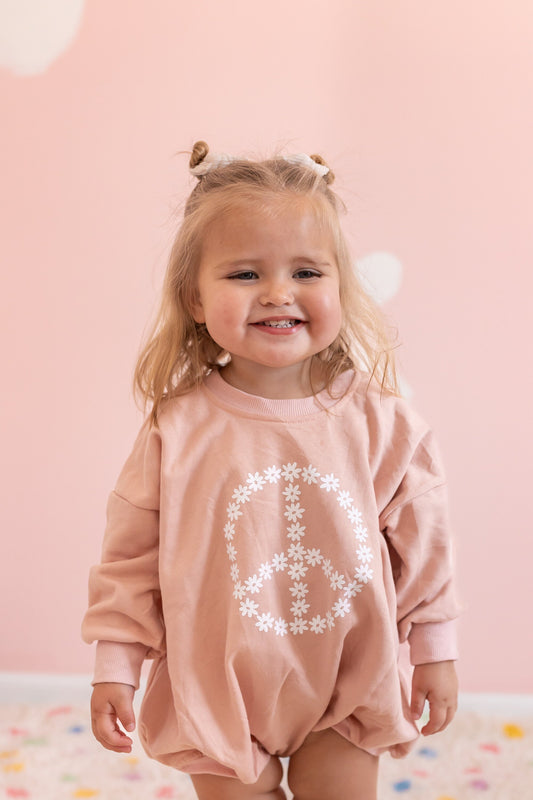 Daisy Peace Sign Graphic Oversized Sweatshirt Romper - Bubble Romper - Baby Girl Clothes - Baby Girl Outfit - Retro Flower Groovy