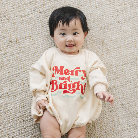 MERRY AND BRIGHT Christmas Graphic Oversized Sweatshirt Romper - Baby Bubble Romper - Bubble Romper - Baby Boy Outfit - Baby Girl - Neutral