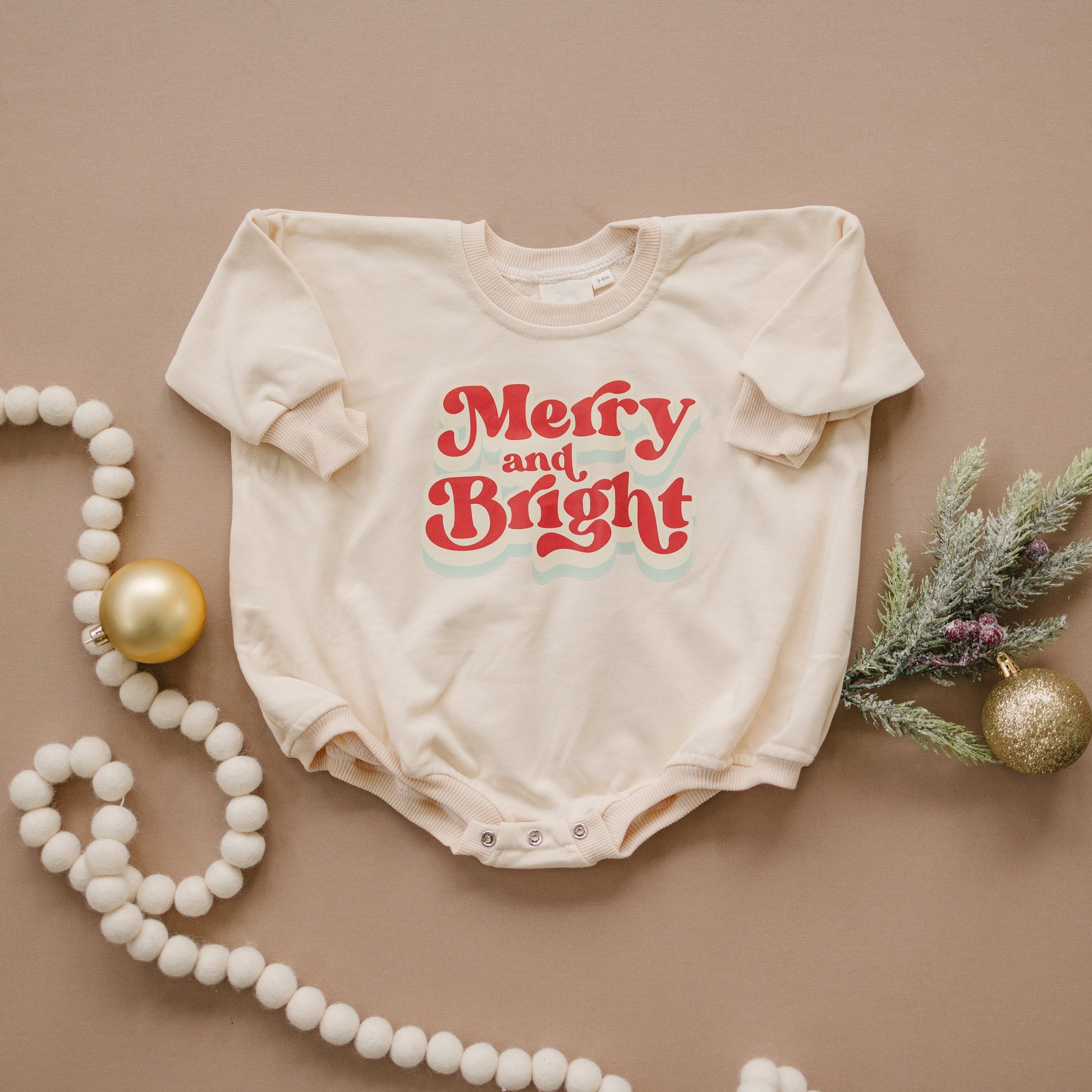 MERRY AND BRIGHT Christmas Graphic Oversized Sweatshirt Romper - Baby Bubble Romper - Bubble Romper - Baby Boy Outfit - Baby Girl - Neutral