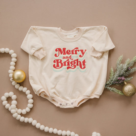 MERRY AND BRIGHT Christmas Graphic Oversized Sweatshirt Romper - Baby Bubble Romper - Bubble Romper - Baby Boy Outfit - Baby Girl - Neutral