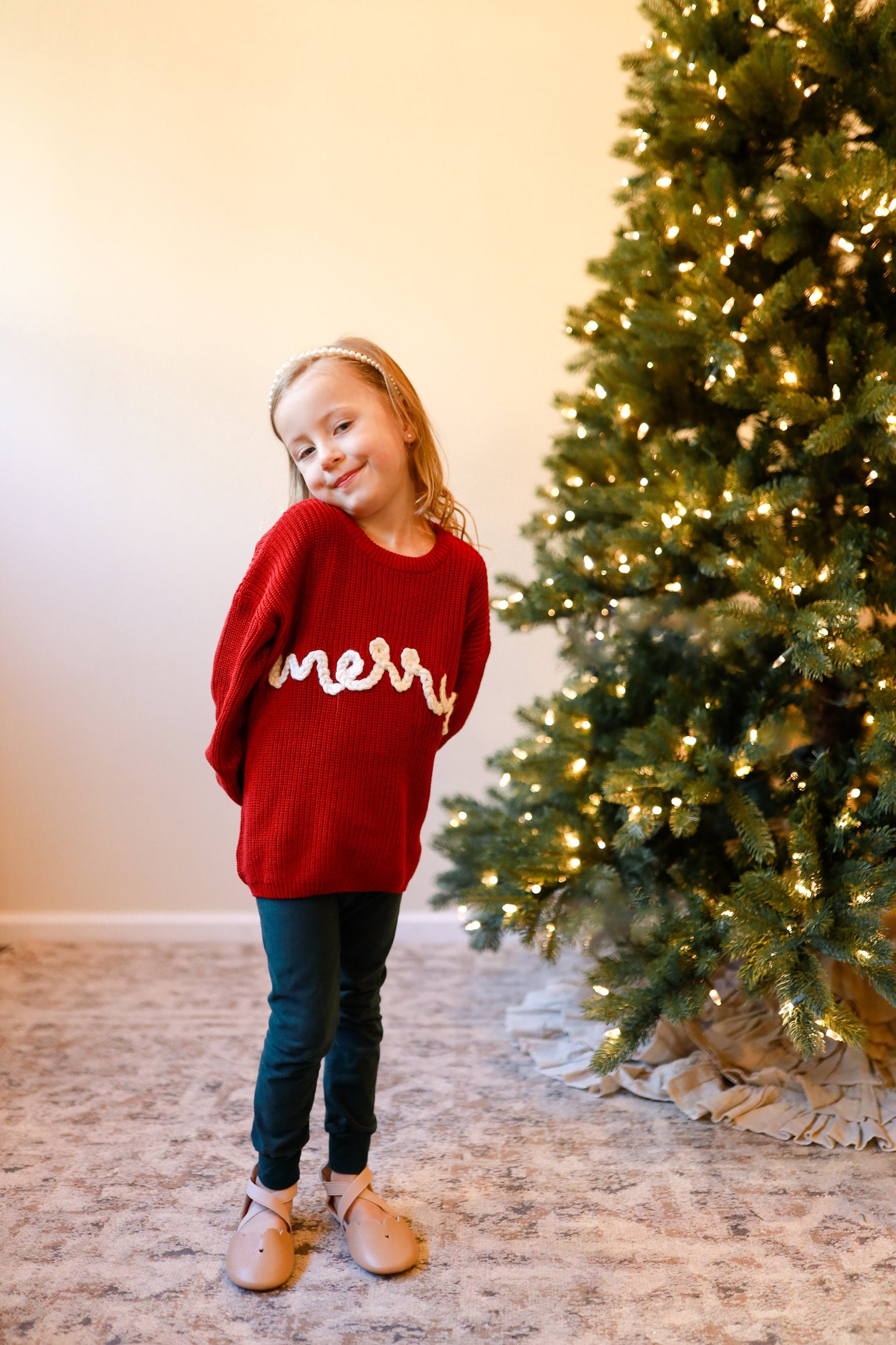 Merry Hand Embroidered Chunky Knit Sweater for Babies & Toddlers - Christmas Embroidered Baby Sweater - Baby Boy or Girl - Red