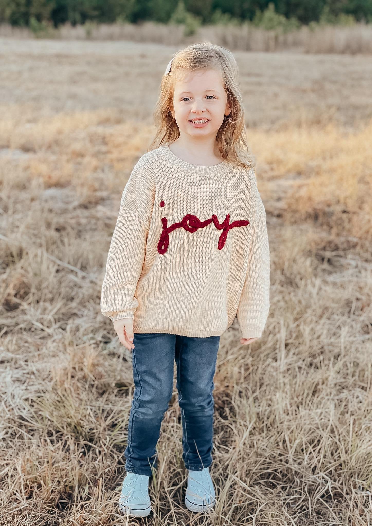 Joy Hand Embroidered Chunky Knit Sweater for Babies & Toddlers - Christmas Embroidered Baby Sweater - Baby Boy or Girl