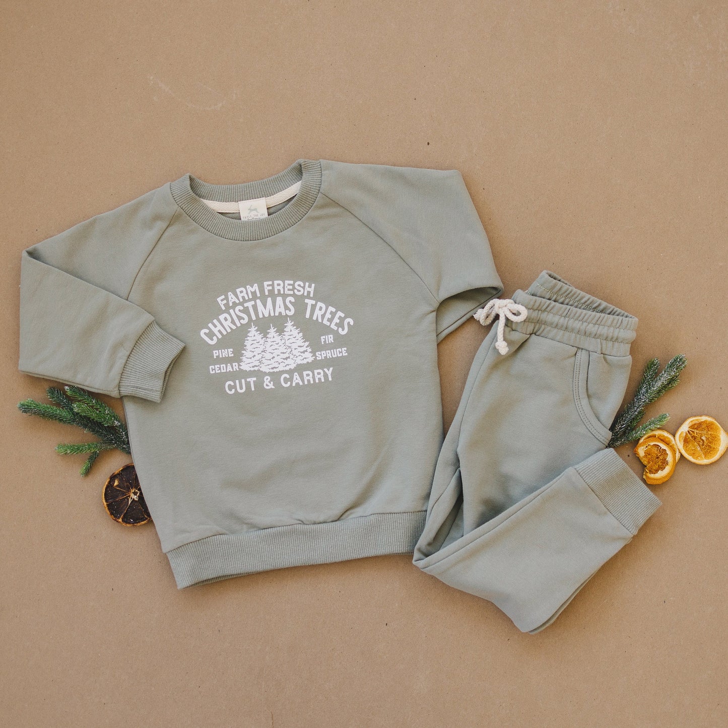 Farm Fresh Christmas Trees Graphic Organic Cotton 2pc Jogger Set - Sweatsuit - Crewneck Sweatshirt & Pants - Winter - Girl Boy Outfit