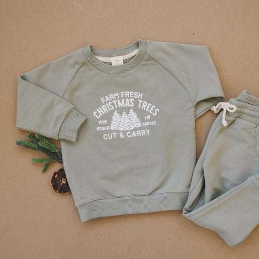 Farm Fresh Christmas Trees Graphic Organic Cotton 2pc Jogger Set - Sweatsuit - Crewneck Sweatshirt & Pants - Winter - Girl Boy Outfit