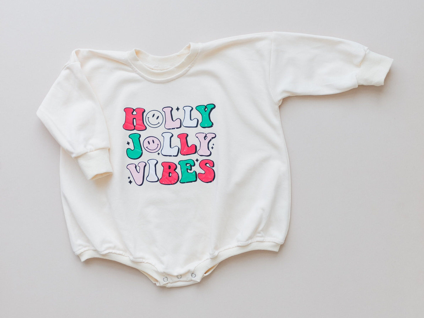 HOLLY JOLLY VIBES Christmas Graphic Oversized Sweatshirt Romper - Baby Bubble Romper - Bubble Romper - Baby Boy Outfit - Baby Girl - Retro