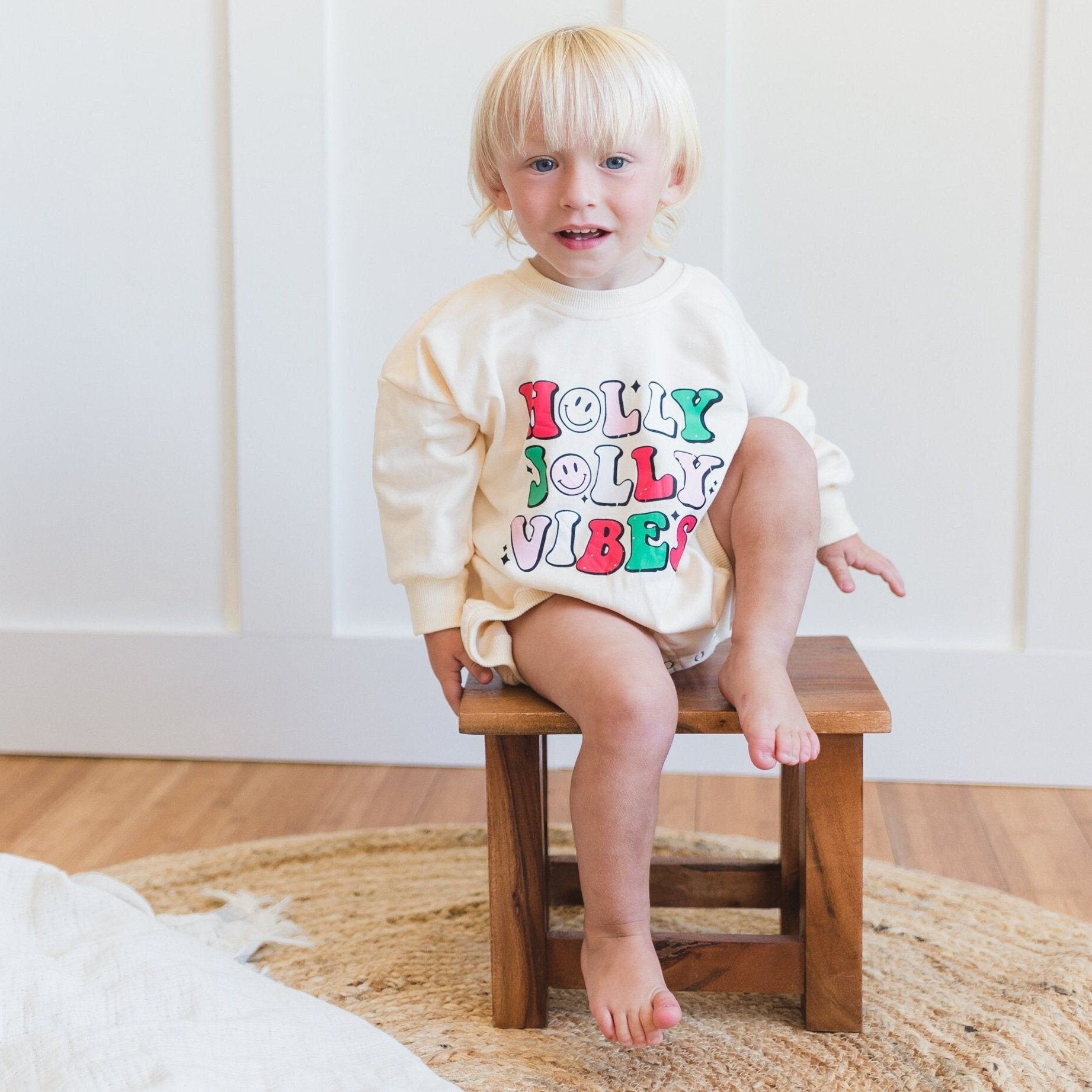 HOLLY JOLLY VIBES Christmas Graphic Oversized Sweatshirt Romper - Baby Bubble Romper - Bubble Romper - Baby Boy Outfit - Baby Girl - Retro