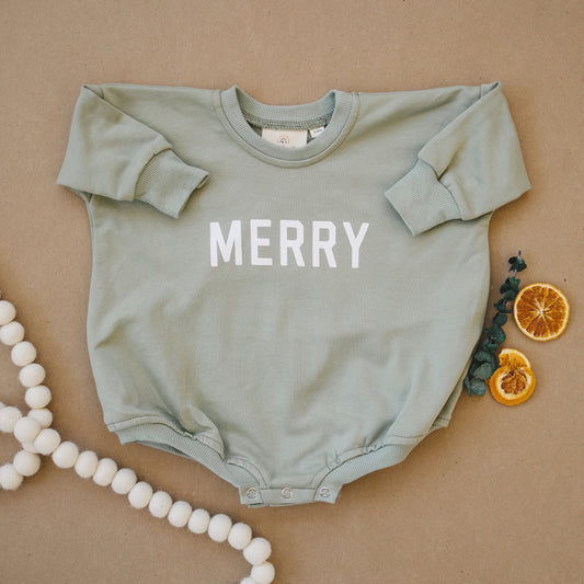 MERRY Christmas Graphic Oversized Sweatshirt Romper - Baby Bubble Romper - Baby Boy Outfit - Girl - Toddler - Green - X-Mas Sweatshirt Top