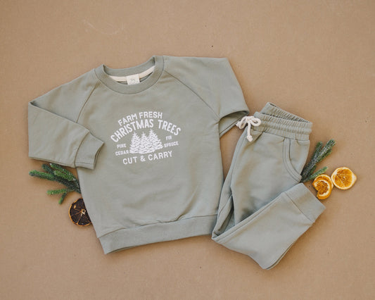 Farm Fresh Christmas Trees Graphic Organic Cotton 2pc Jogger Set - Sweatsuit - Crewneck Sweatshirt & Pants - Winter - Girl Boy Outfit