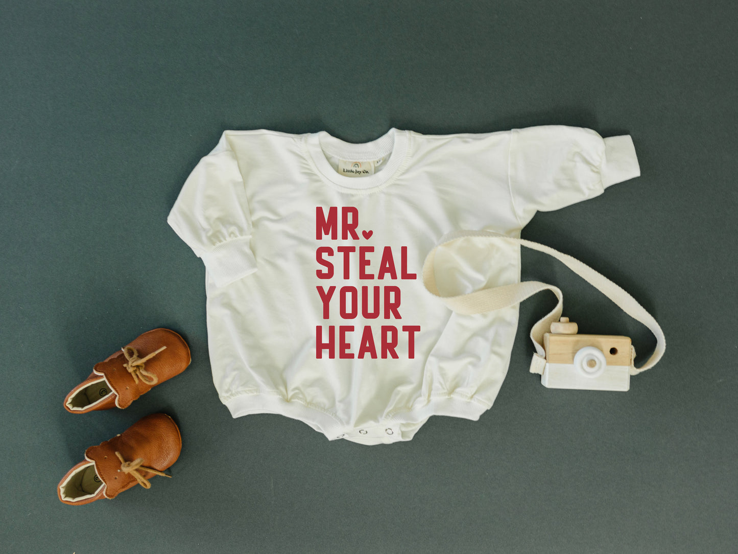 Mr. Steal Your Heart Valentine's Day Graphic Oversized Bamboo Sweatshirt Romper - Baby Sweatshirt Bubble Romper - Boy Toddler - V-Day