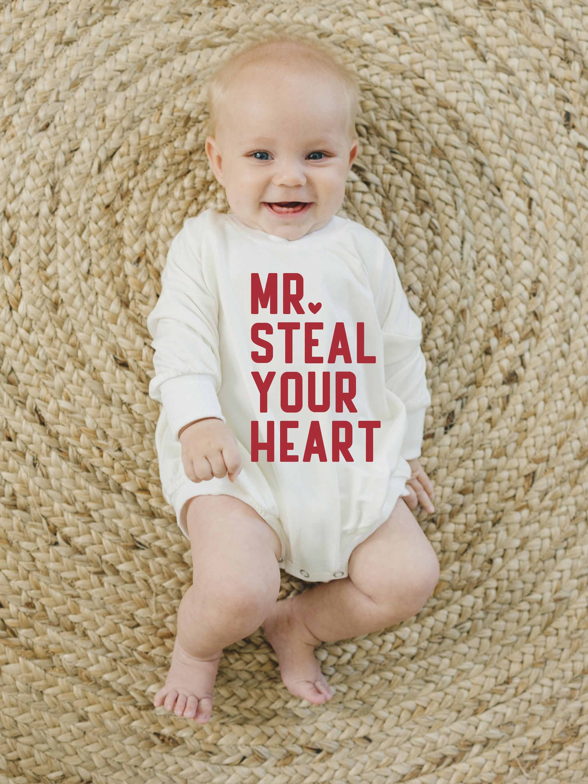 Mr. Steal Your Heart Valentine's Day Graphic Oversized Bamboo Sweatshirt Romper - Baby Sweatshirt Bubble Romper - Boy Toddler - V-Day