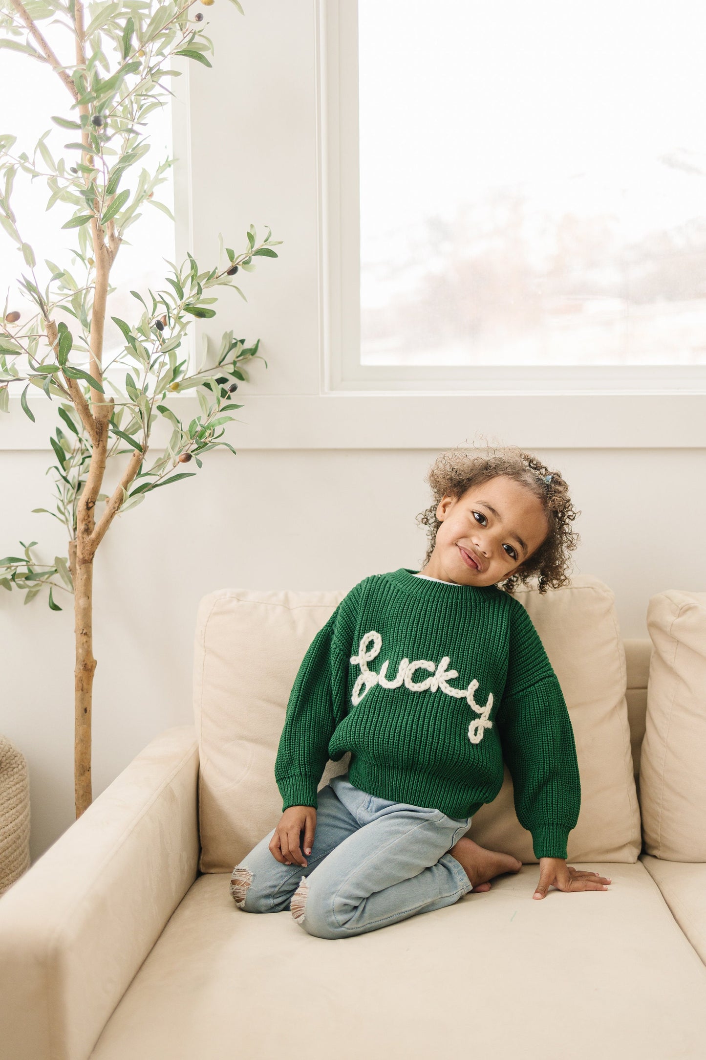 Lucky Hand Embroidered Chunky Knit Sweater for Babies & Toddlers - St. Patrick's Day Embroidered Baby Sweater - Baby Boy or Girl - Green