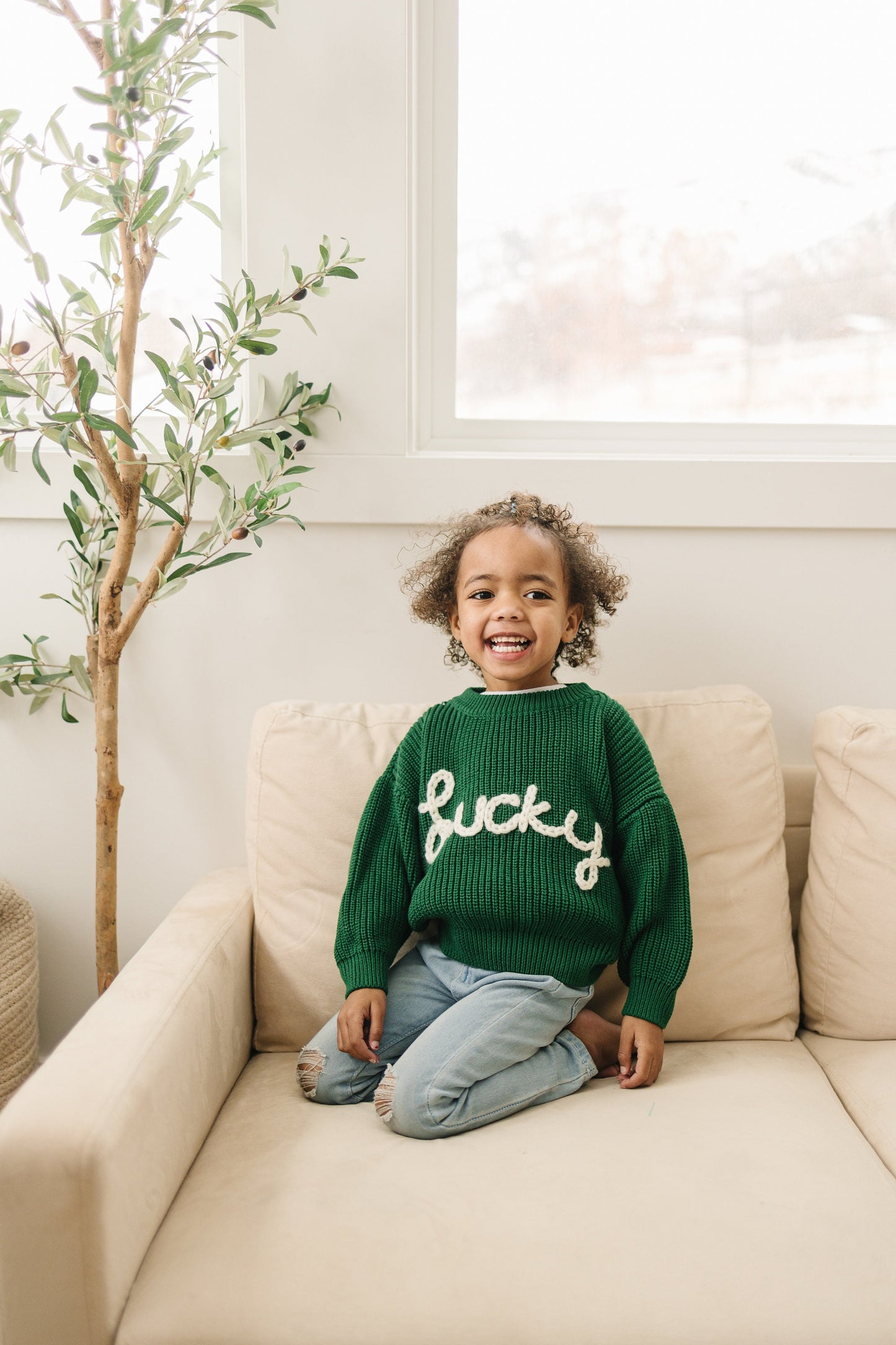 Lucky Hand Embroidered Chunky Knit Sweater for Babies & Toddlers - St. Patrick's Day Embroidered Baby Sweater - Baby Boy or Girl - Green