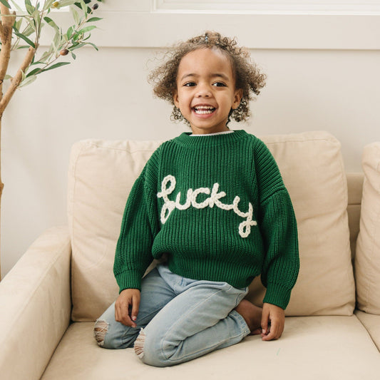 Lucky Hand Embroidered Chunky Knit Sweater for Babies & Toddlers - St. Patrick's Day Embroidered Baby Sweater - Baby Boy or Girl - Green