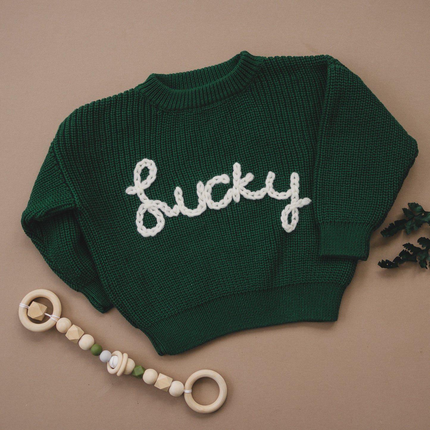 Lucky Hand Embroidered Chunky Knit Sweater for Babies & Toddlers - St. Patrick's Day Embroidered Baby Sweater - Baby Boy or Girl - Green