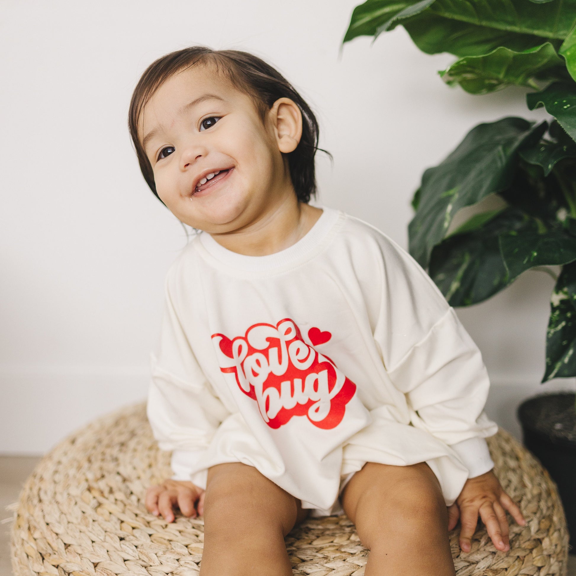 Love Bug Valentine's Day Graphic Oversized Bamboo Sweatshirt Romper - Baby Sweatshirt Bubble Romper - Baby Girl Toddler - V-Day Lovebug