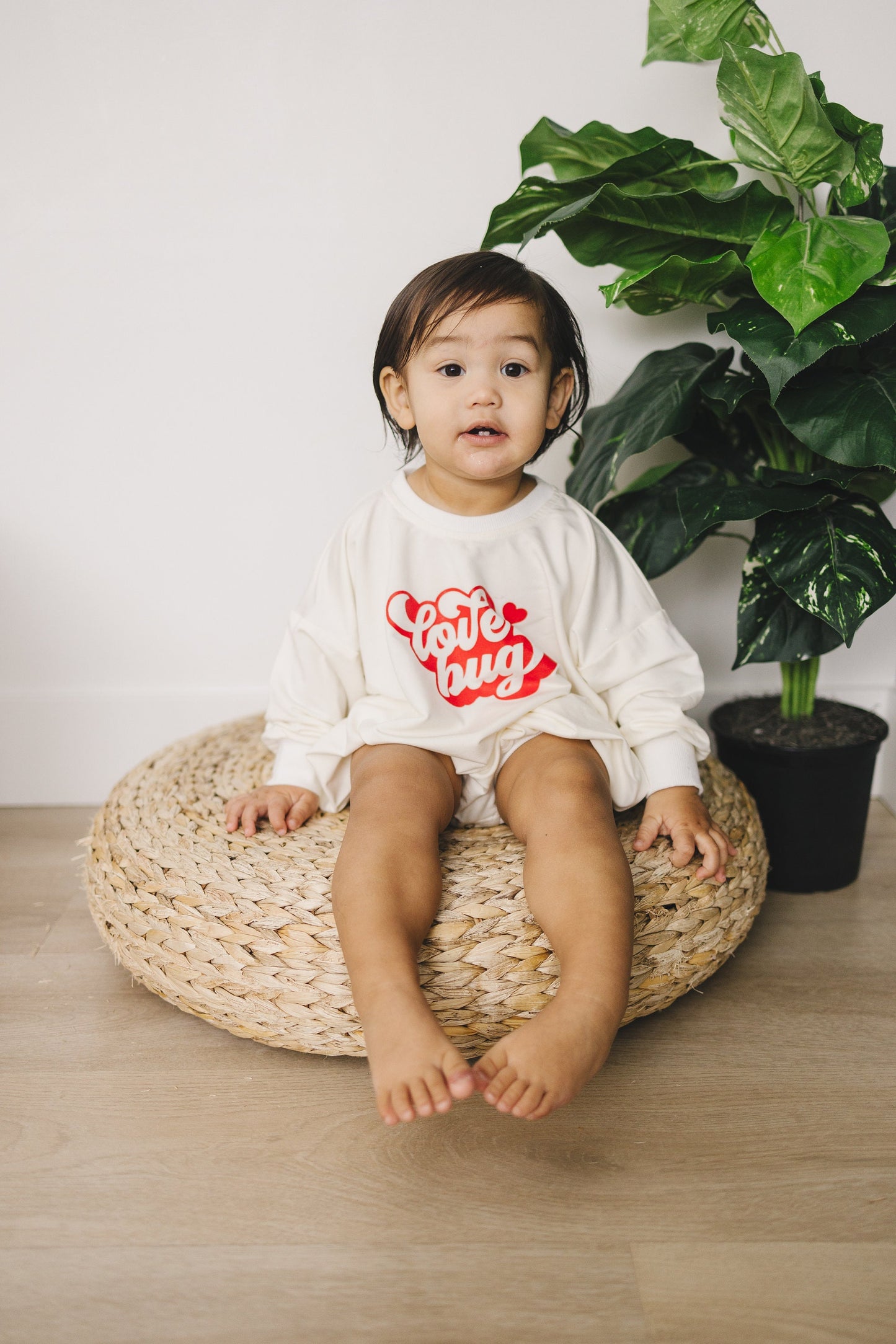 Love Bug Valentine's Day Graphic Oversized Bamboo Sweatshirt Romper - Baby Sweatshirt Bubble Romper - Baby Girl Toddler - V-Day Lovebug