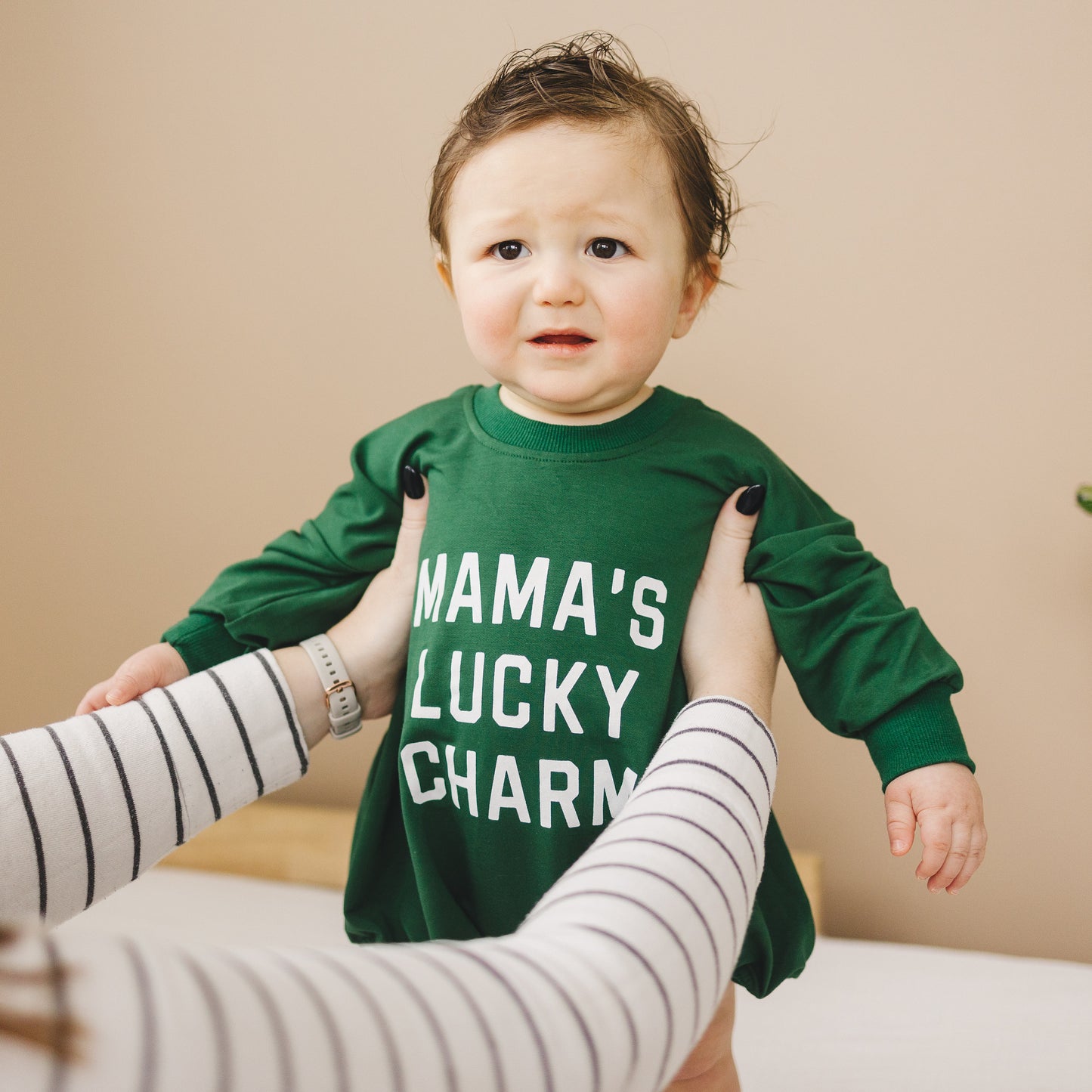 Mama's Lucky Charm St Patrick's's Day Graphic Oversized Bamboo Sweatshirt Romper - Baby Sweatshirt Bubble Romper - Baby Girl Boy Toddler