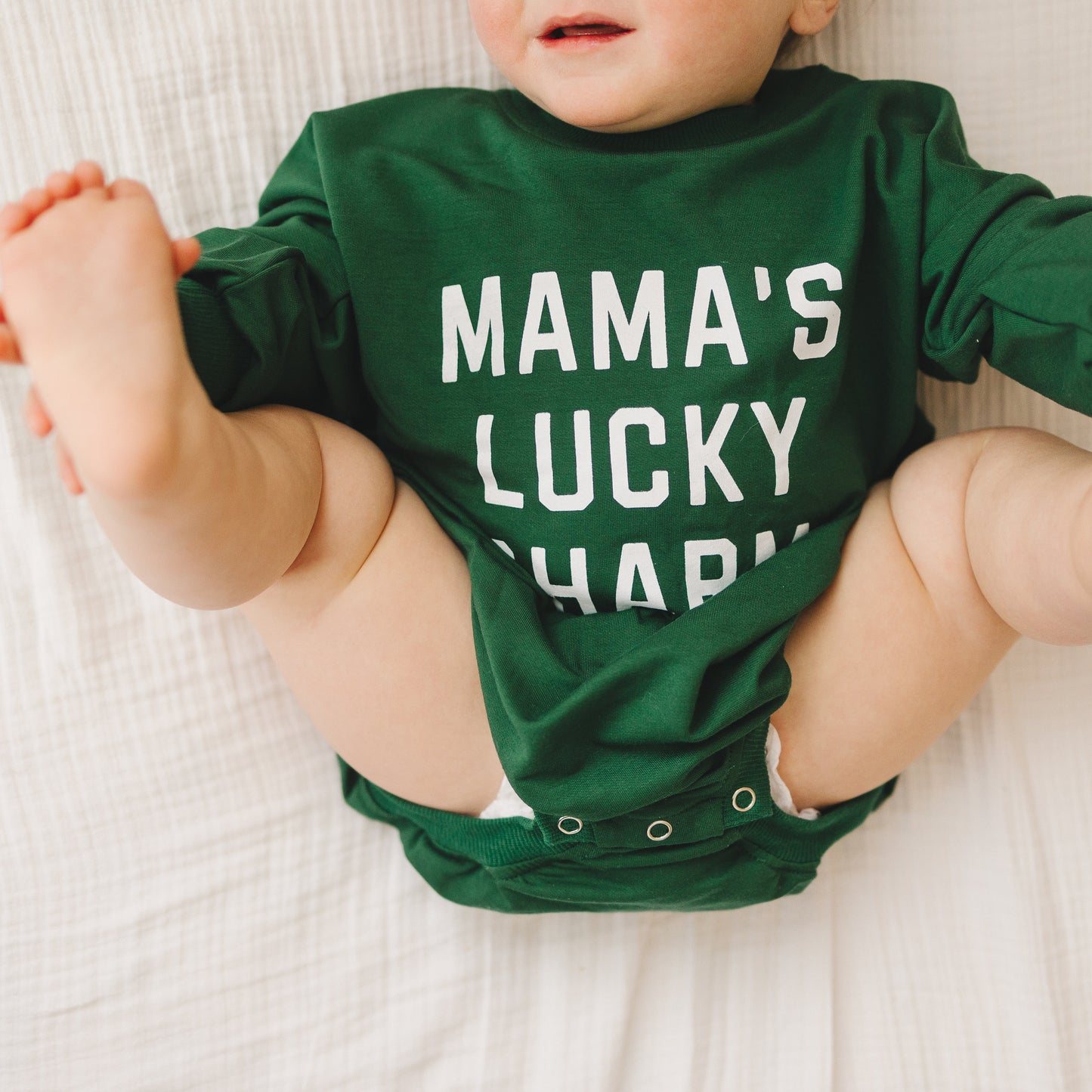 Mama's Lucky Charm St Patrick's's Day Graphic Oversized Bamboo Sweatshirt Romper - Baby Sweatshirt Bubble Romper - Baby Girl Boy Toddler