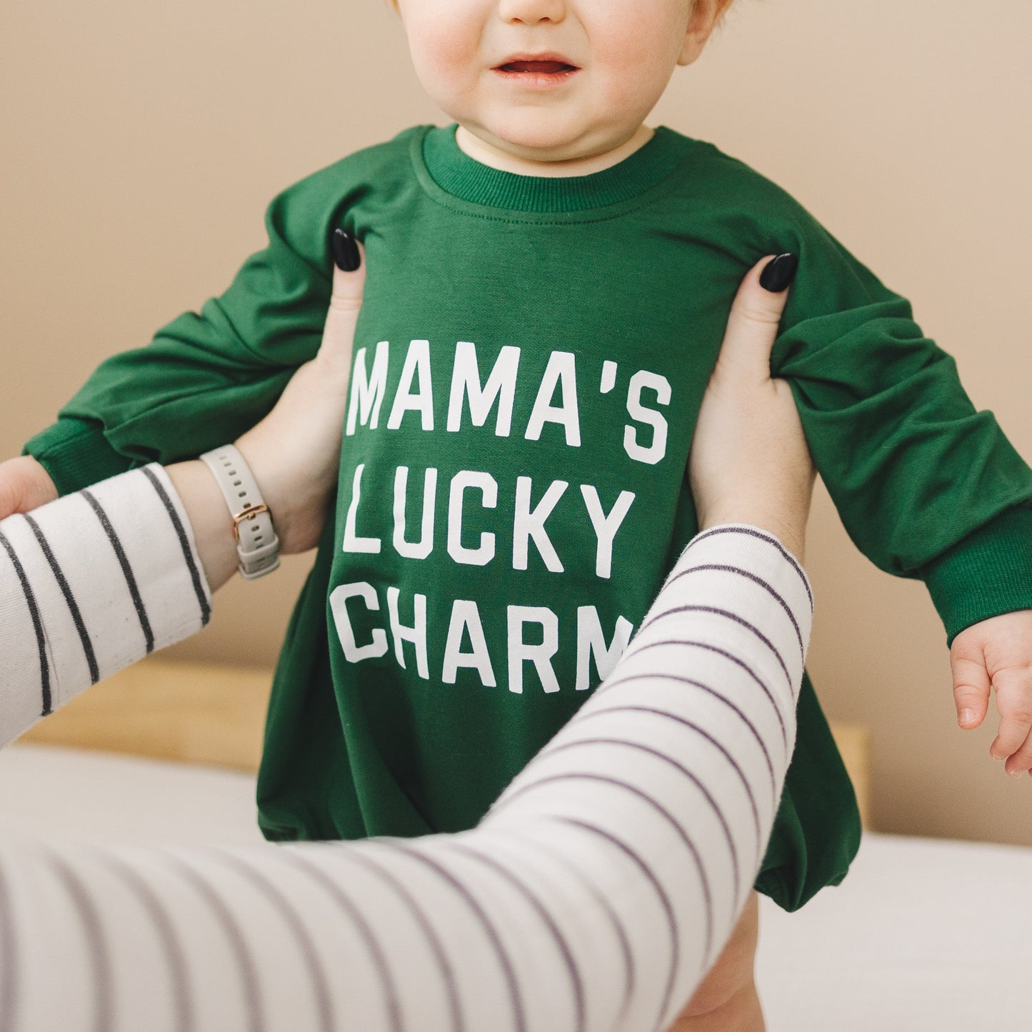 Mama's Lucky Charm St Patrick's's Day Graphic Oversized Bamboo Sweatshirt Romper - Baby Sweatshirt Bubble Romper - Baby Girl Boy Toddler