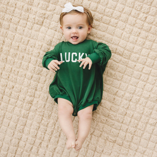 LUCKY St Patrick's's Day Graphic Oversized Bamboo Sweatshirt Romper - Baby Sweatshirt Bubble Romper - Baby Girl Boy Toddler - St. Patricks