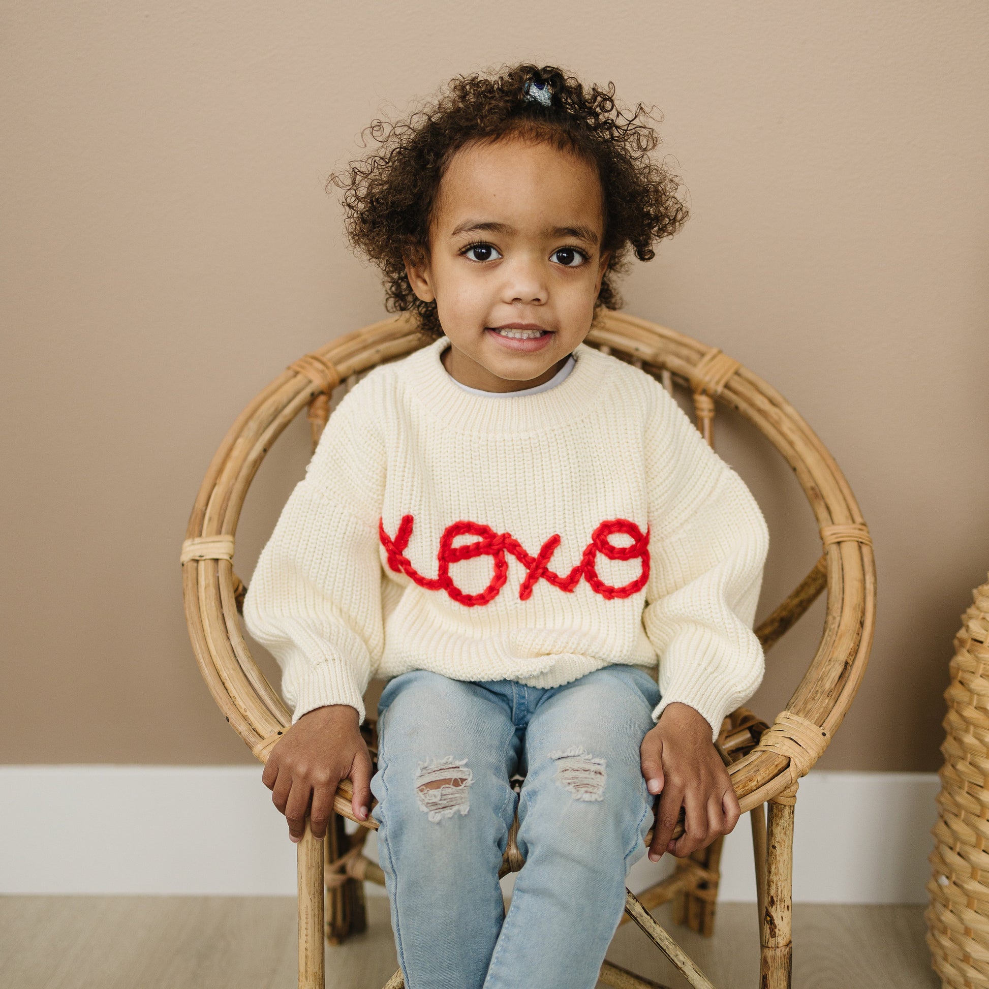 XOXO Hand Embroidered Chunky Knit Sweater for Babies & Toddlers - Valentine's Day Embroidered Baby Sweater - Baby Boy or Girl - Red VDay