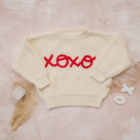 XOXO Hand Embroidered Chunky Knit Sweater for Babies & Toddlers - Valentine's Day Embroidered Baby Sweater - Baby Boy or Girl - Red VDay