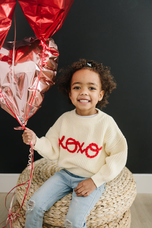 XOXO Hand Embroidered Chunky Knit Sweater for Babies & Toddlers - Valentine's Day Embroidered Baby Sweater - Baby Boy or Girl - Red VDay