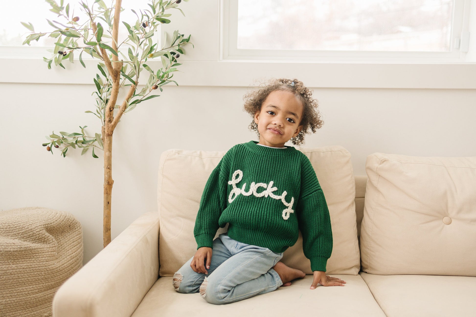 Lucky Hand Embroidered Chunky Knit Sweater for Babies & Toddlers - St. Patrick's Day Embroidered Baby Sweater - Baby Boy or Girl - Green