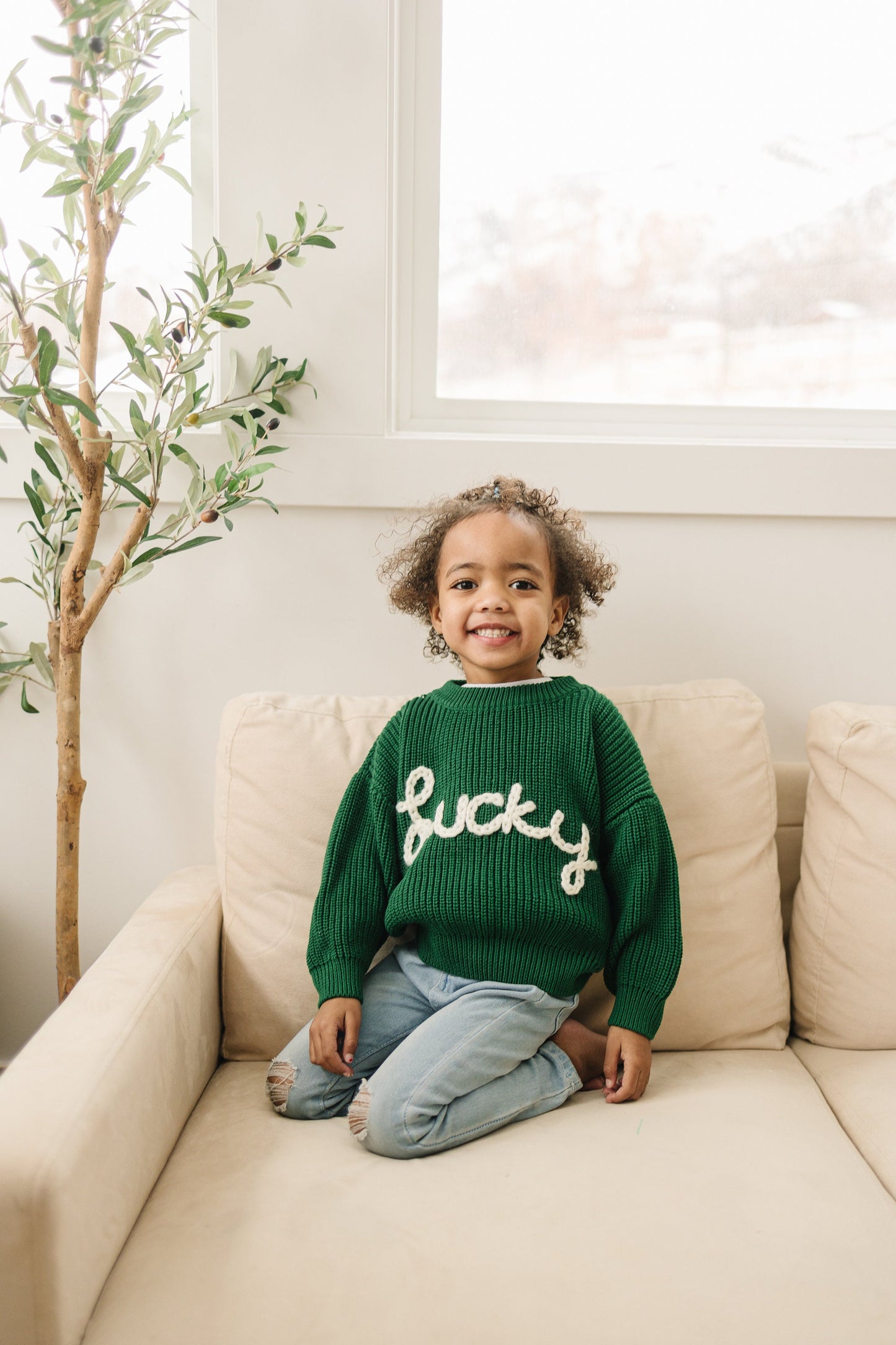 Lucky Hand Embroidered Chunky Knit Sweater for Babies & Toddlers - St. Patrick's Day Embroidered Baby Sweater - Baby Boy or Girl - Green