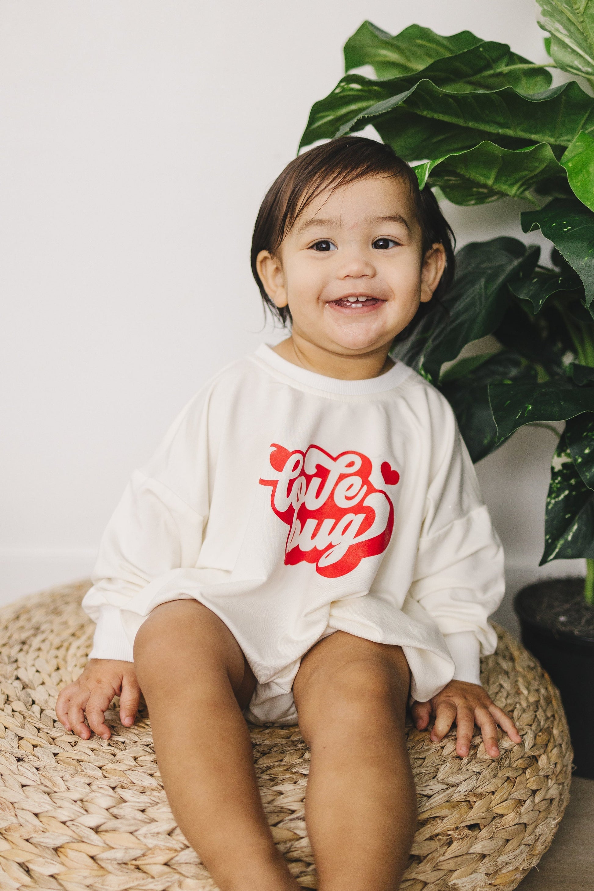 Love Bug Valentine's Day Graphic Oversized Bamboo Sweatshirt Romper - Baby Sweatshirt Bubble Romper - Baby Girl Toddler - V-Day Lovebug