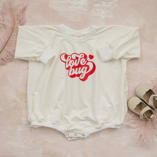 Love Bug Valentine's Day Graphic Oversized Bamboo Sweatshirt Romper - Baby Sweatshirt Bubble Romper - Baby Girl Toddler - V-Day Lovebug