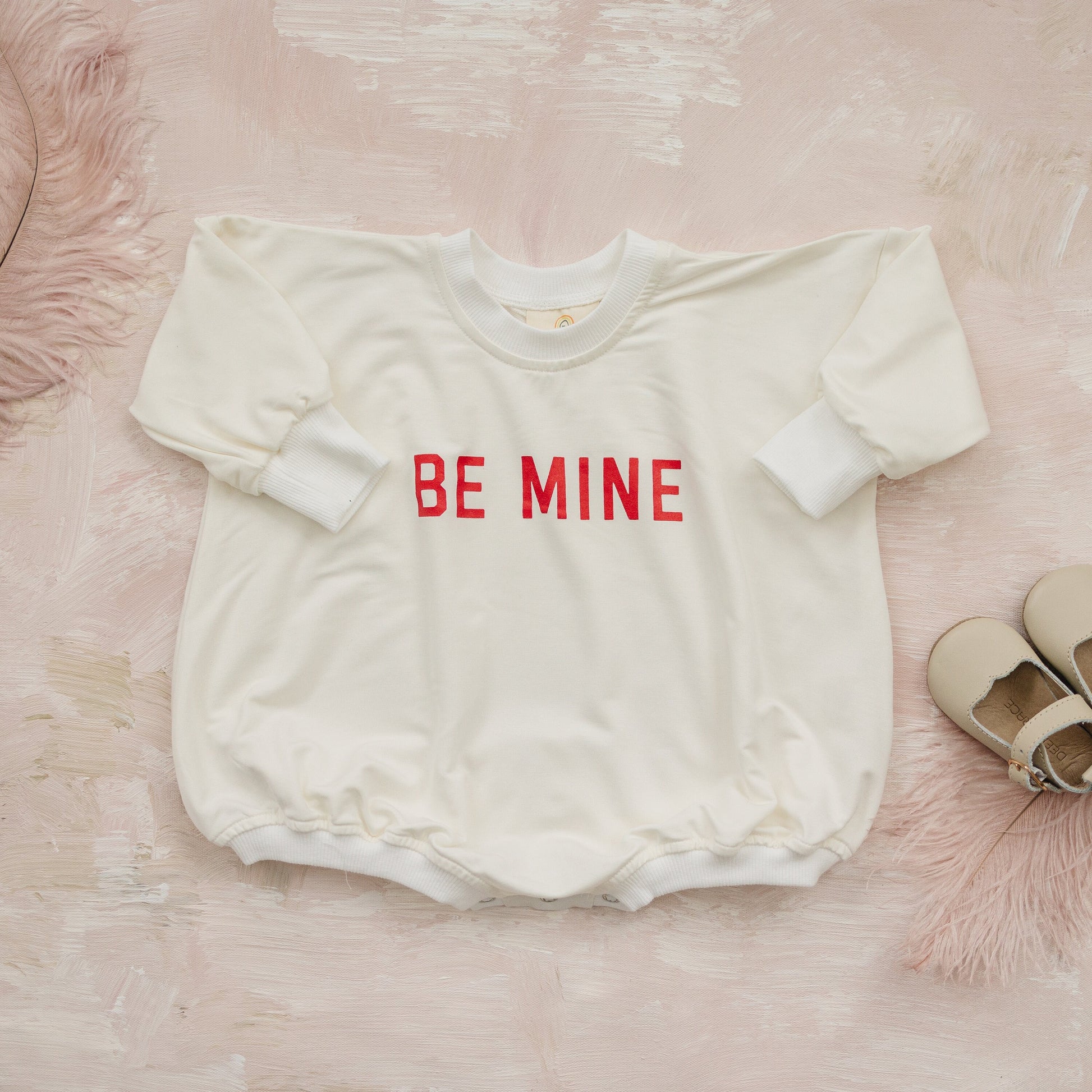 Be Mine Valentine's Day Graphic Oversized Bamboo Sweatshirt Romper - Baby Sweatshirt Bubble Romper - Baby Girl Boy Toddler - V-Day Loved