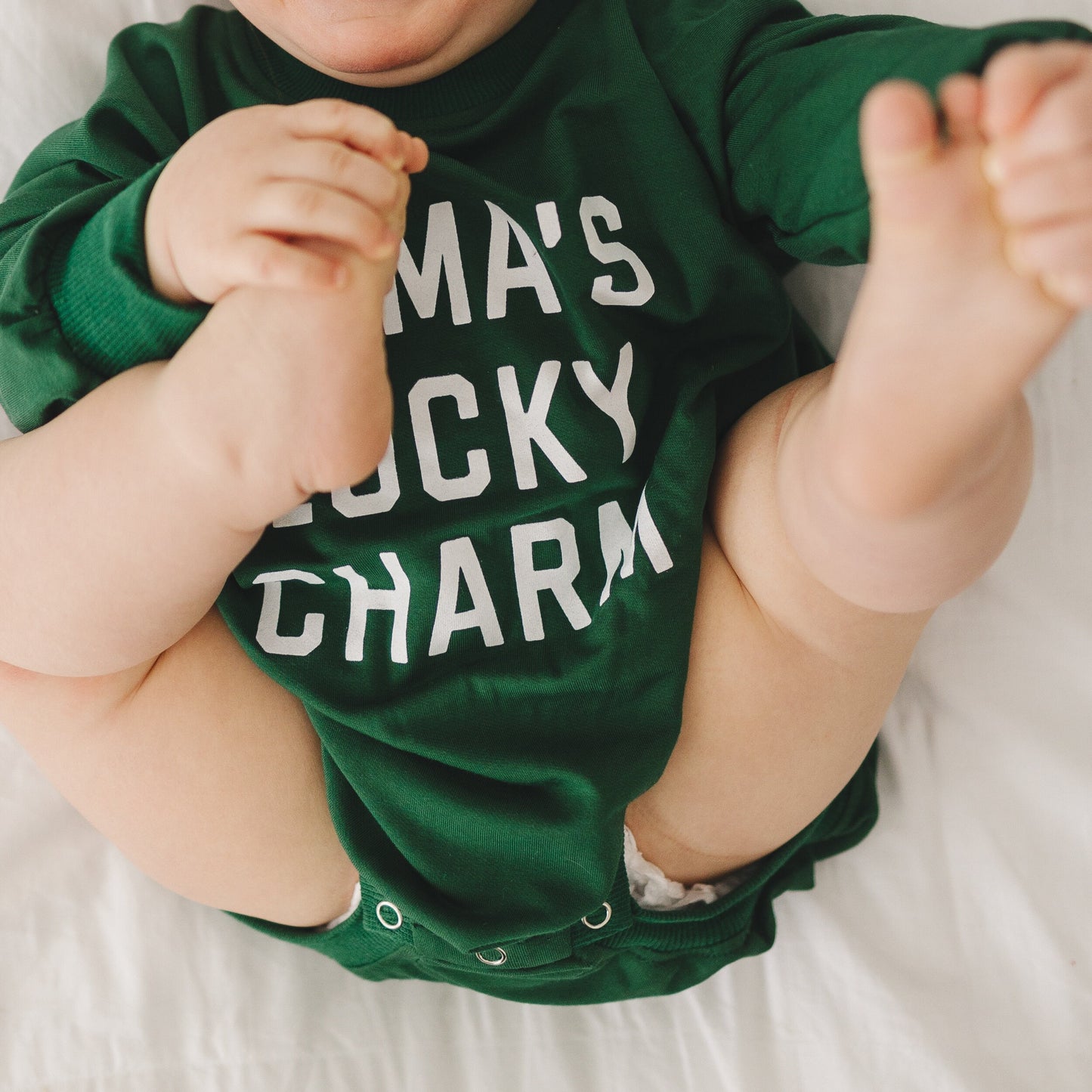 Mama's Lucky Charm St Patrick's's Day Graphic Oversized Bamboo Sweatshirt Romper - Baby Sweatshirt Bubble Romper - Baby Girl Boy Toddler