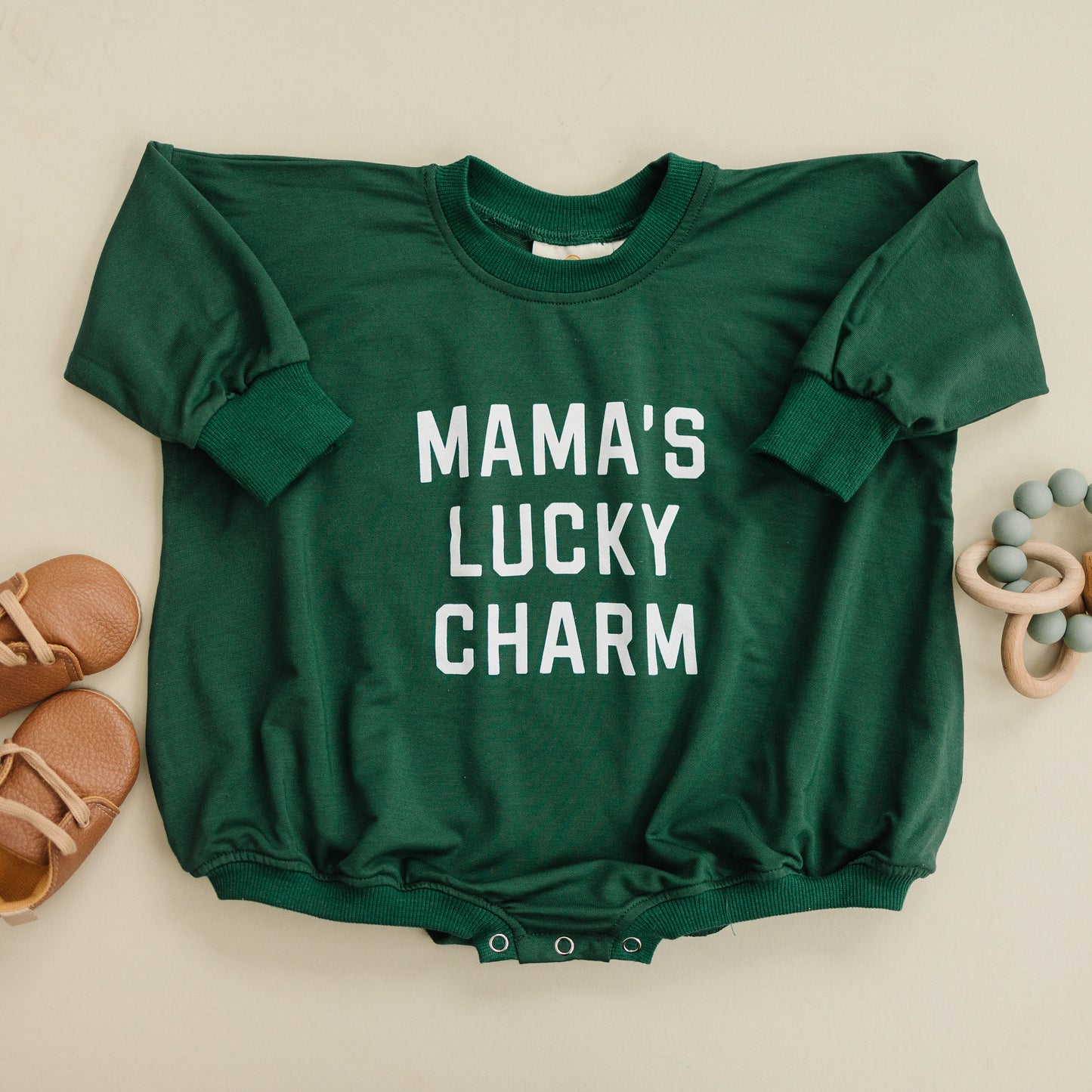 Mama's Lucky Charm St Patrick's's Day Graphic Oversized Bamboo Sweatshirt Romper - Baby Sweatshirt Bubble Romper - Baby Girl Boy Toddler