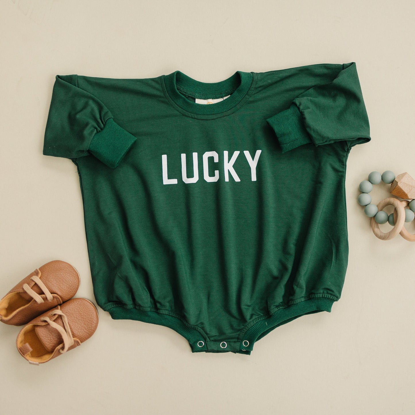 LUCKY St Patrick's's Day Graphic Oversized Bamboo Sweatshirt Romper - Baby Sweatshirt Bubble Romper - Baby Girl Boy Toddler - St. Patricks