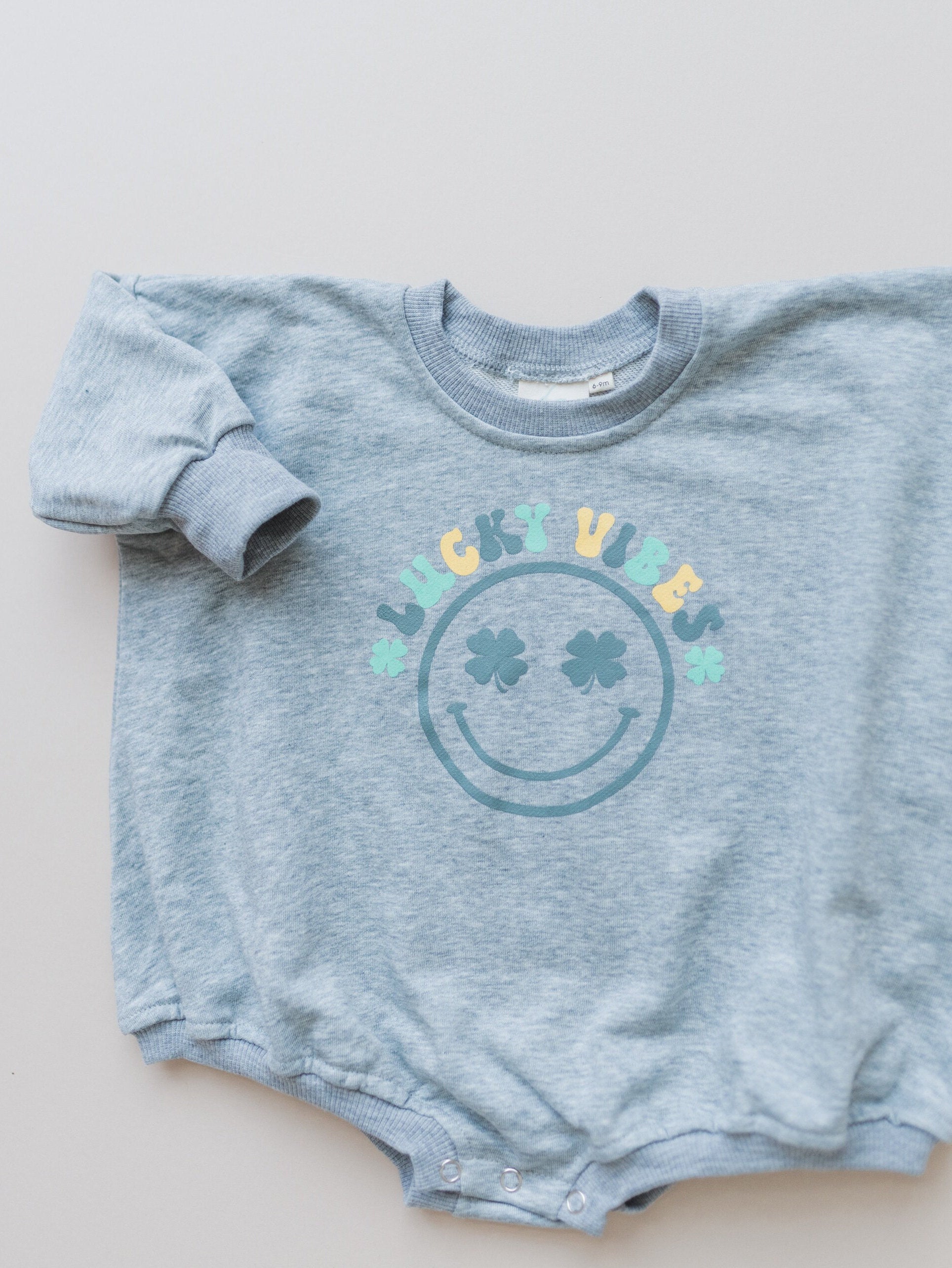 LUCKY VIBES St. Patrick's Day Graphic Oversized Sweatshirt Romper - Smiley Sweatshirt Bubble Romper - Baby Boy Clothes - Toddler Girl Pattys