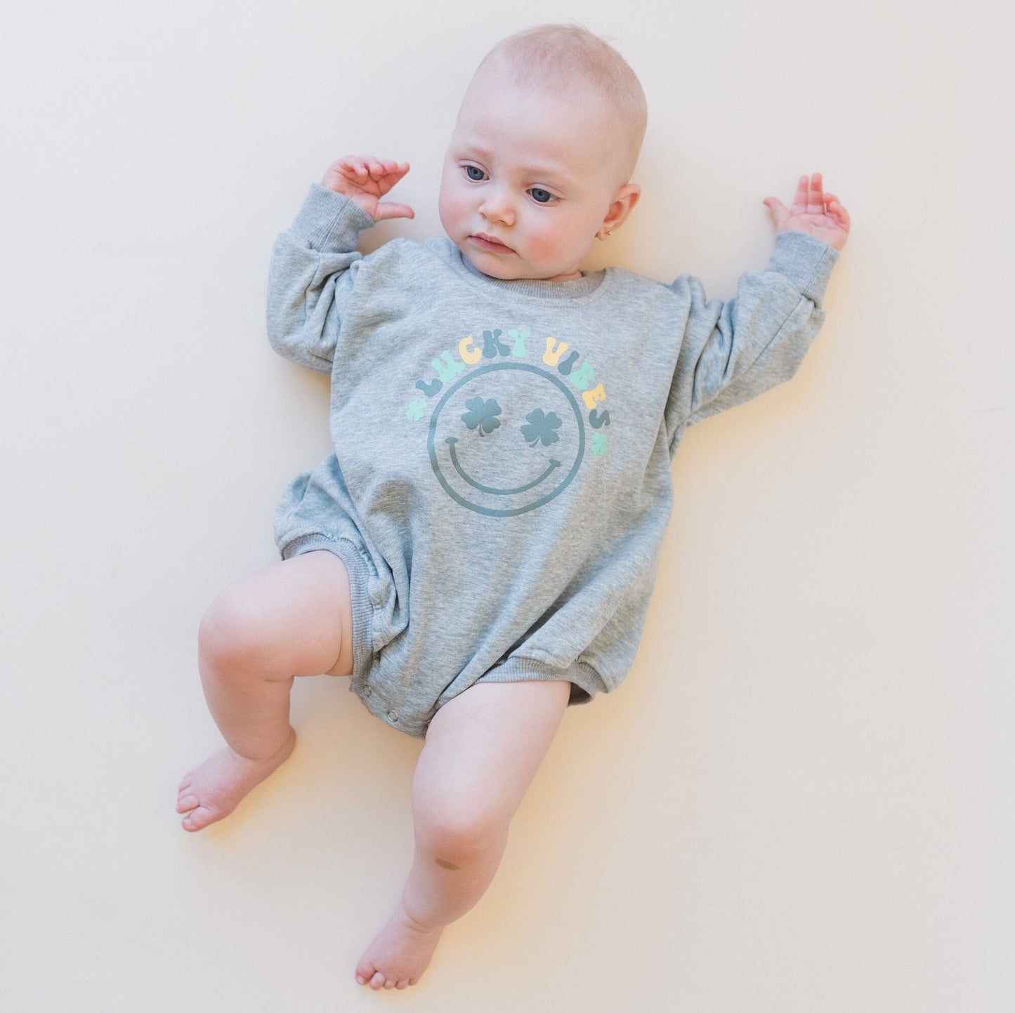 LUCKY VIBES St. Patrick's Day Graphic Oversized Sweatshirt Romper - Smiley Sweatshirt Bubble Romper - Baby Boy Clothes - Toddler Girl Pattys